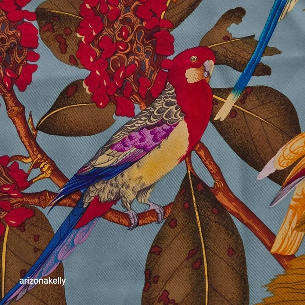 Vintage Silk Scarf Parrots Bird Hand Rolled Edges
